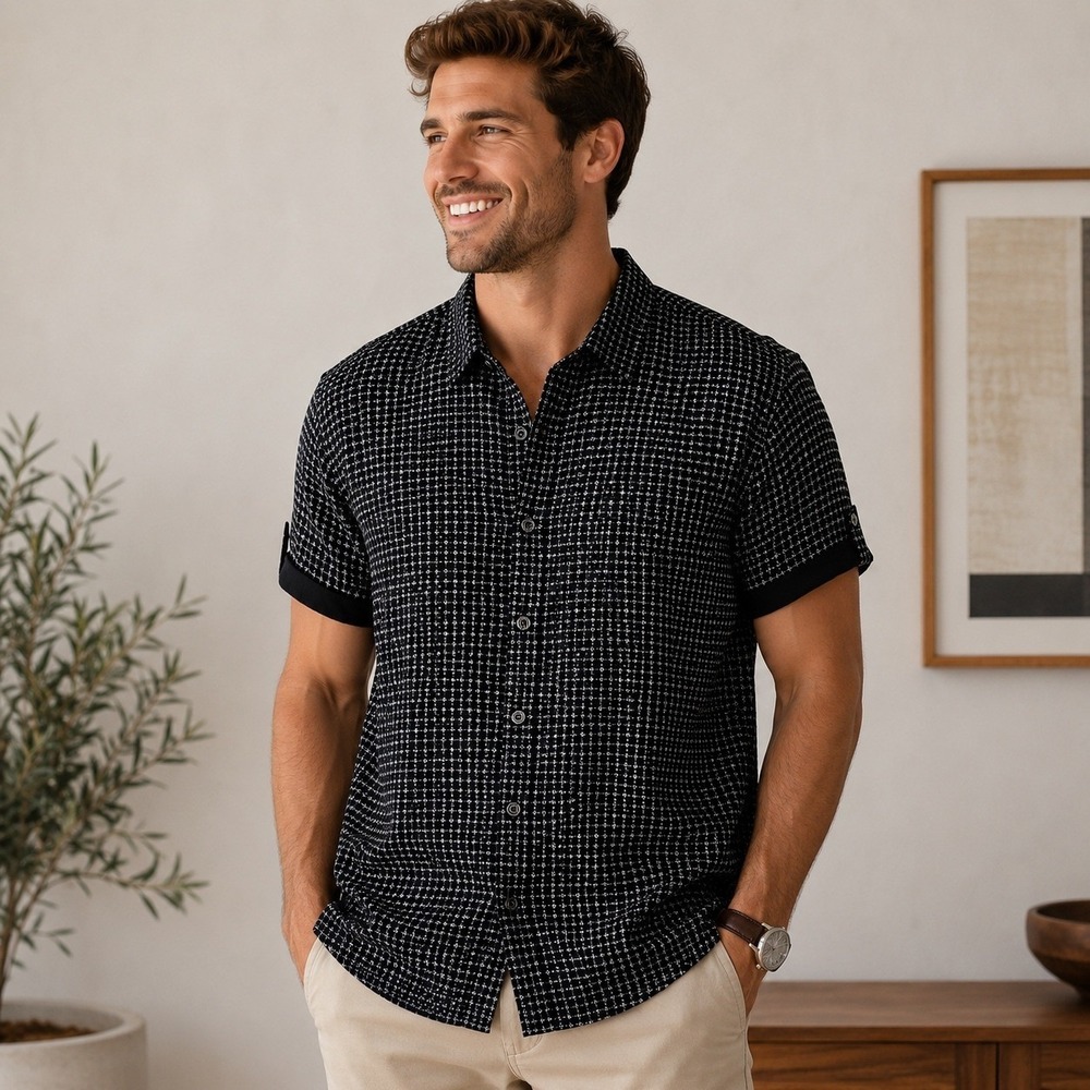 Vertical Sport Men's Black & White Print Button Up Shirt Size XXL Rolled Sleeves